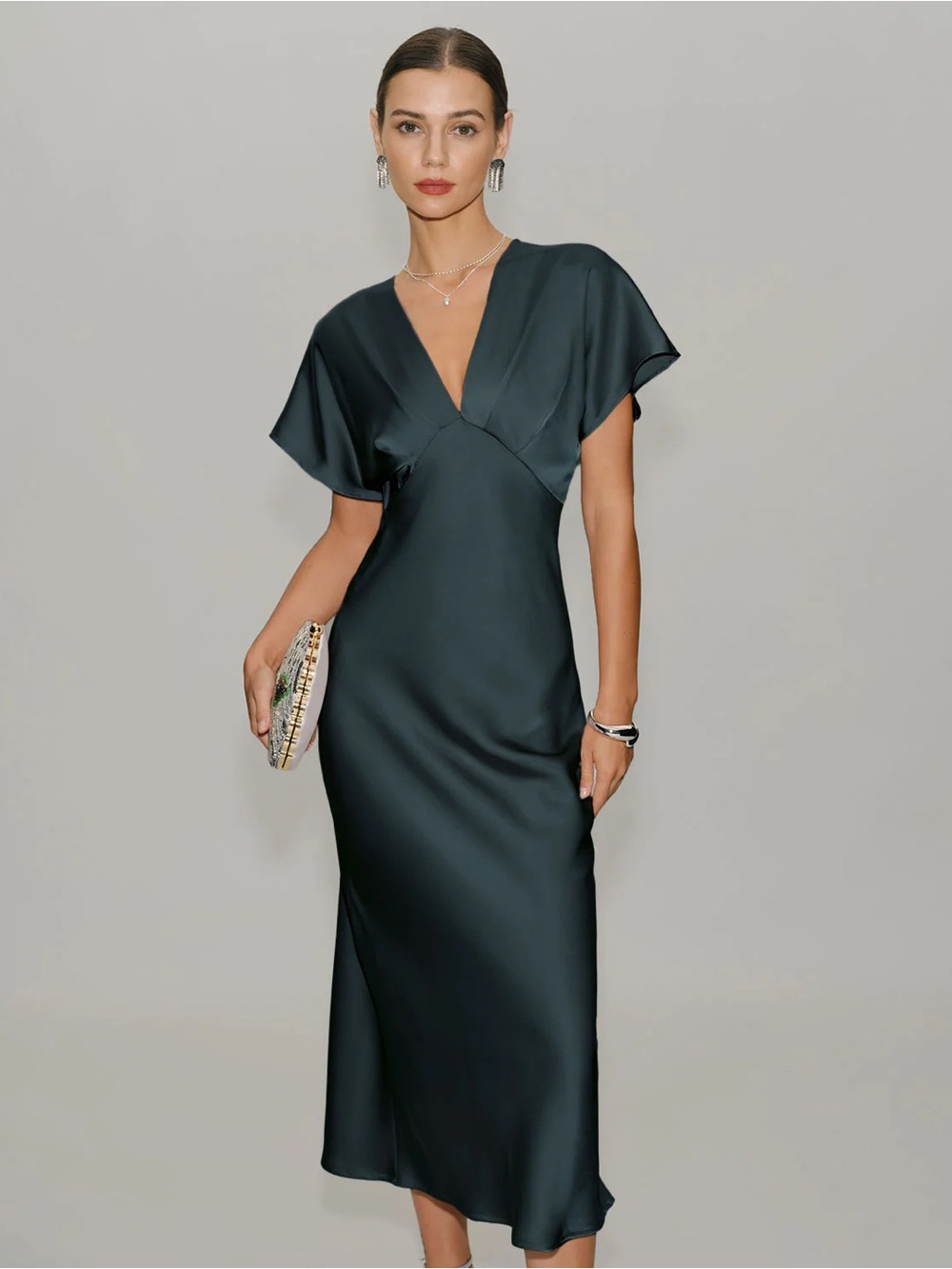 RIHOAS Satin V-Neck Flutter Sleeve Midi Dress in Teal Green